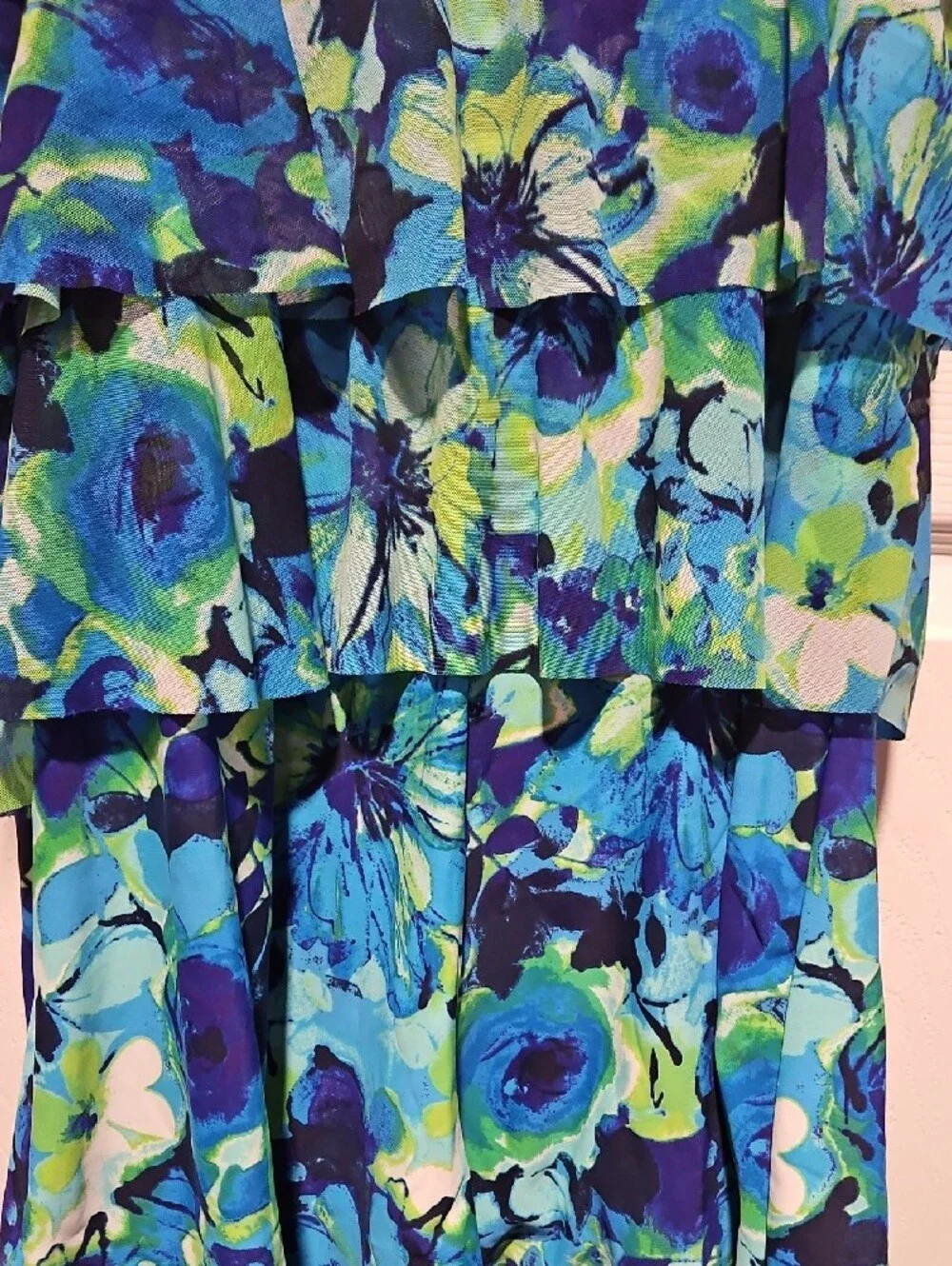 Floral Ruffle One-Piece Romper Style Swimsuit in Blue & Green